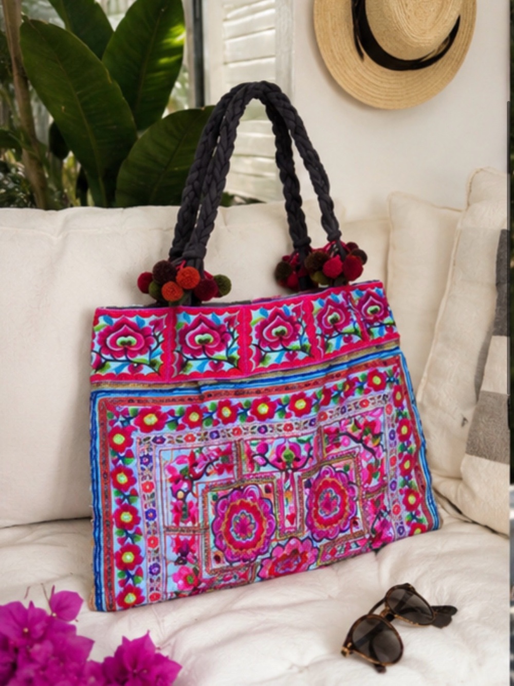 Expressions NYC Boho Embroidered Pom Pom Tote Bag